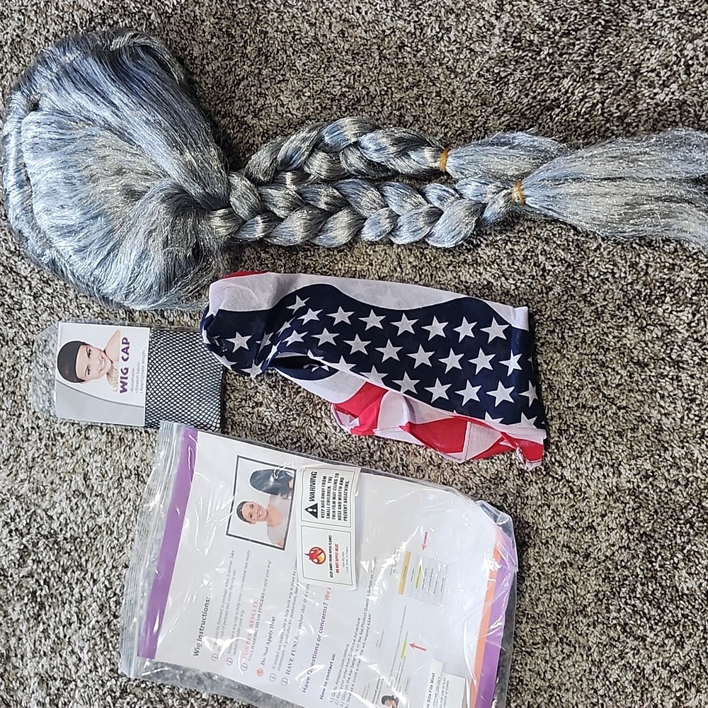 Silver Braided Wig with Wig Cap And American Bandana